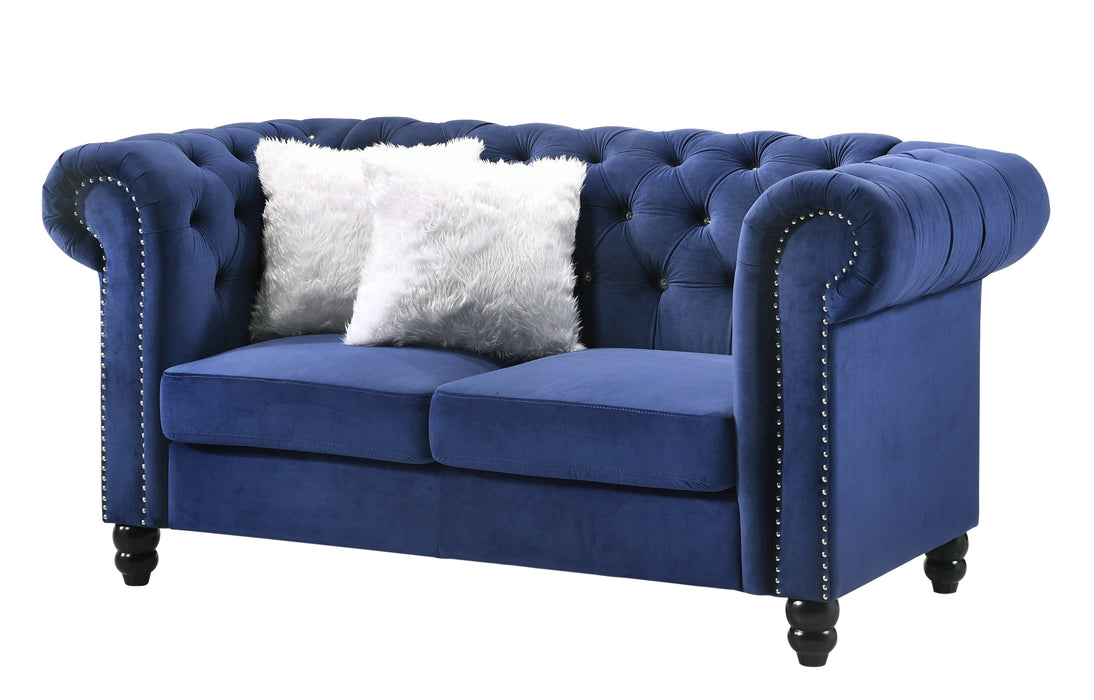Maya Transitional Style Navy Loveseat with Espresso Legs