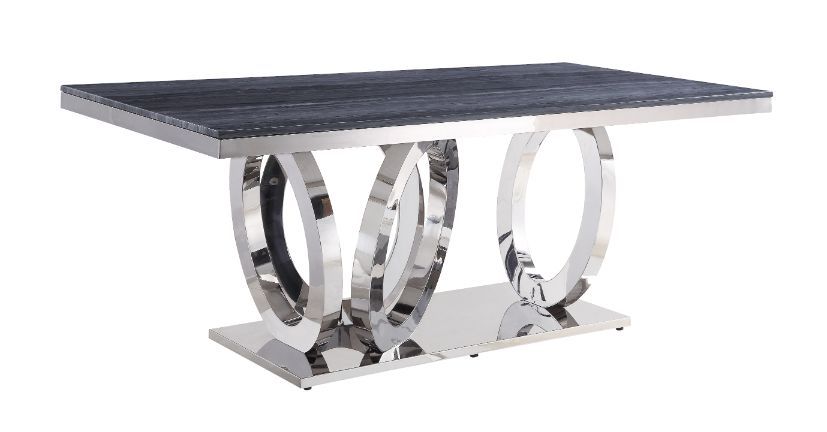 Nasir Gray Printed Faux Marble & Mirrored Silver Finish Dining Table